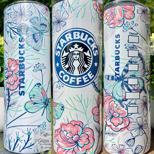 Starbucks Floral Butterfly 20oz White Rainbow Skinny Tumbler