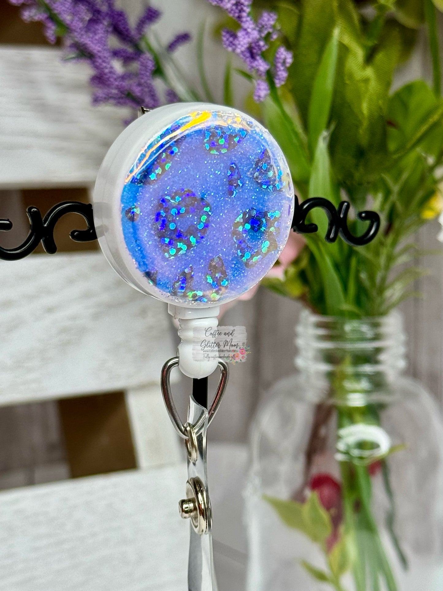 Blue Holographic Leopard Print Badge Reel
