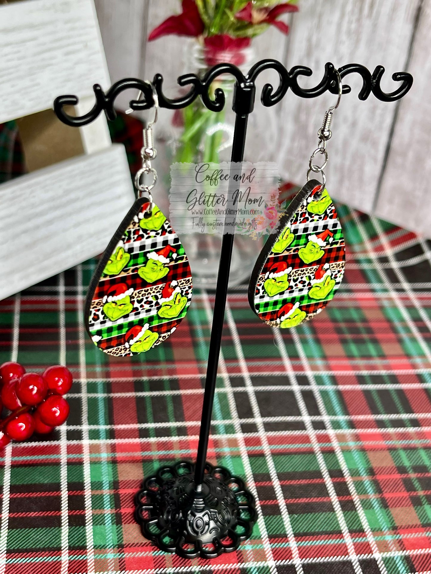 Plaid Stripe Grinch Christmas Earrings