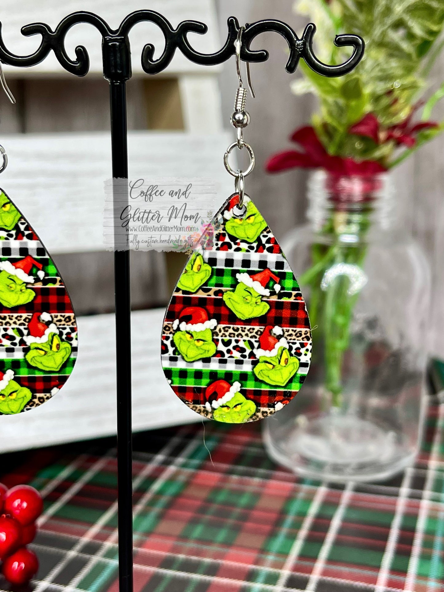 Plaid Stripe Grinch Christmas Earrings