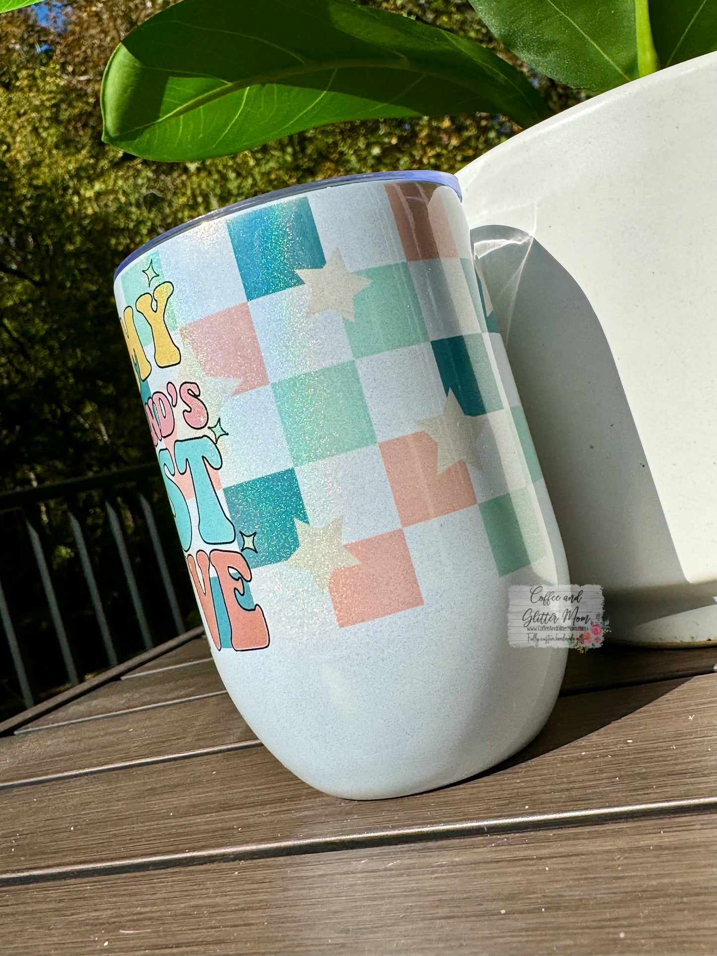On My Husband's Last Nerve Checkered 12oz Holographic Sparkle Wine Tumbler