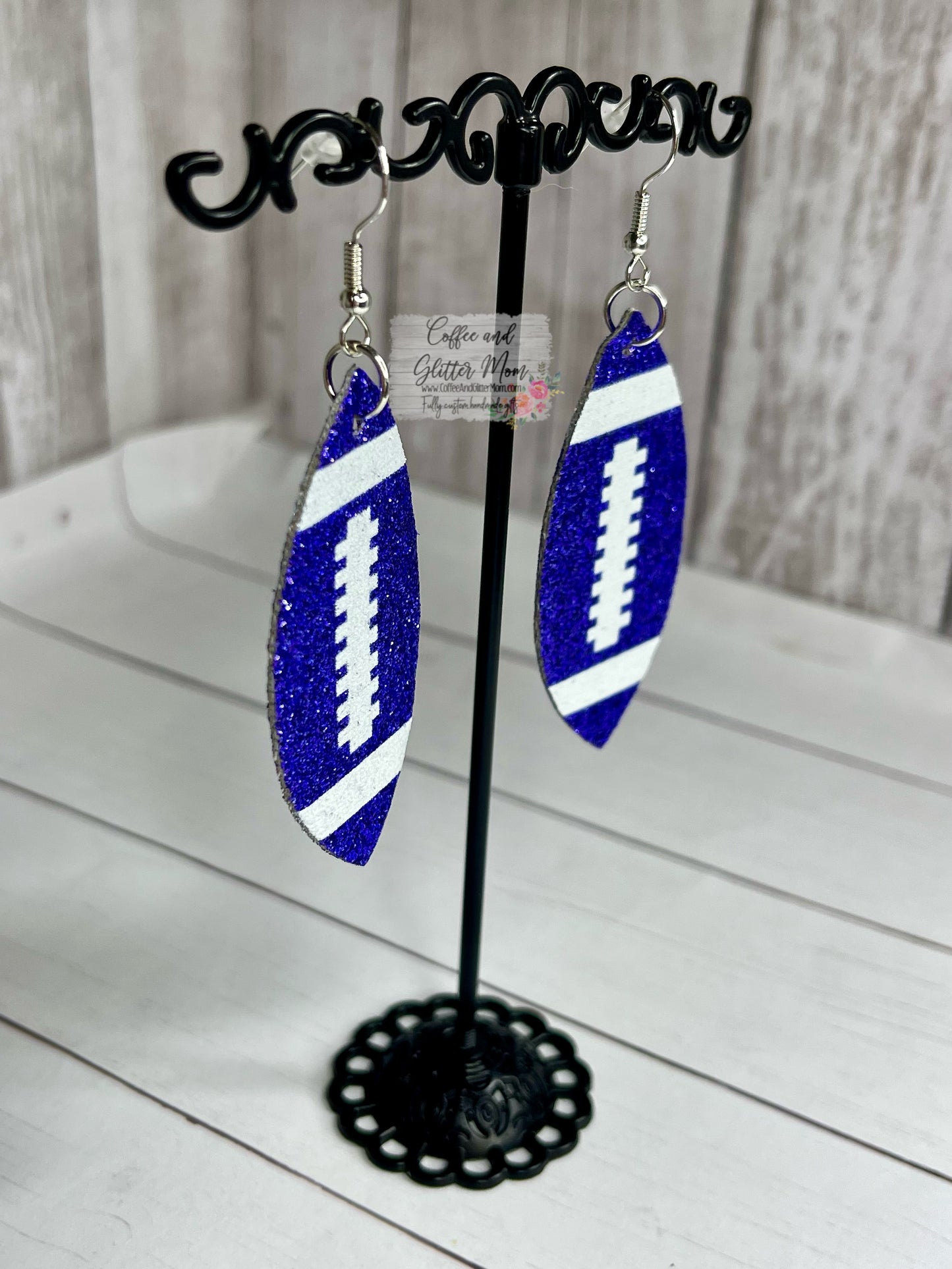 Blue Glitter Football Leather Earrings