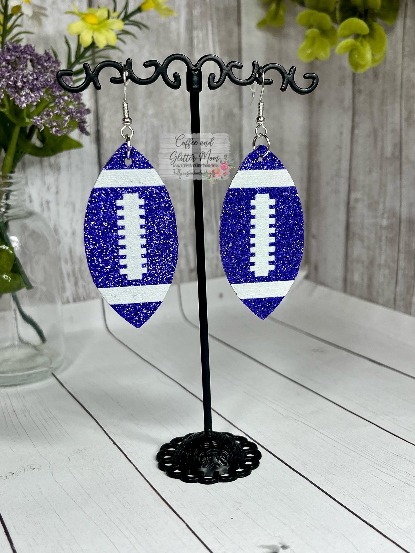 Blue Glitter Football Leather Earrings