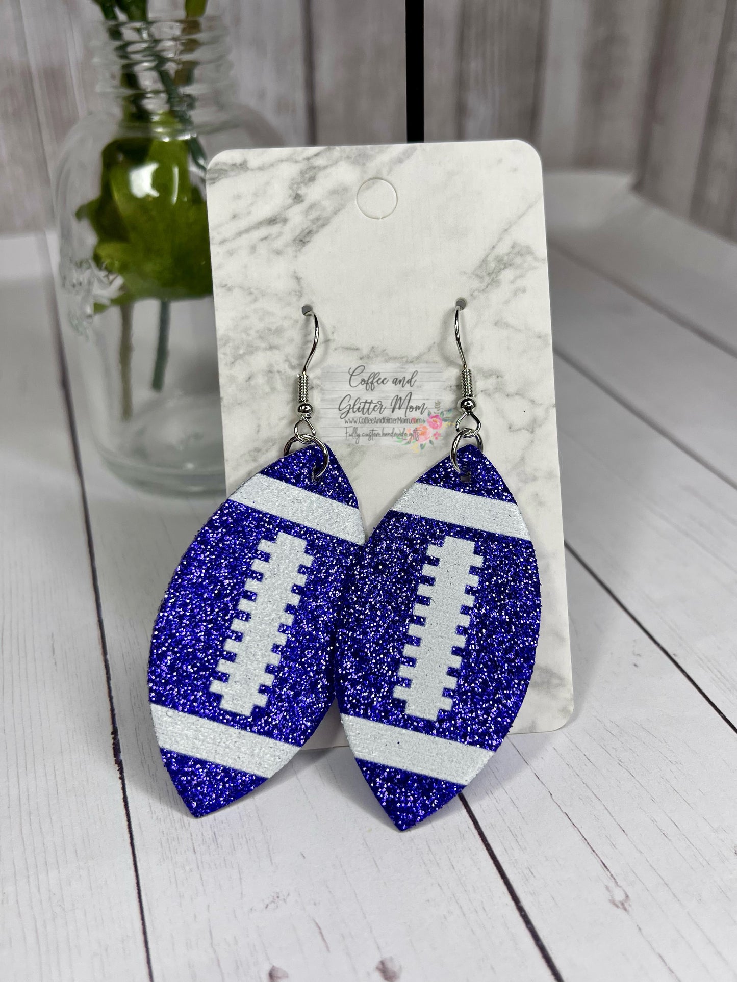 Blue Glitter Football Leather Earrings