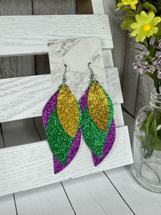 Glitter Mardi Gras Leather Earrings