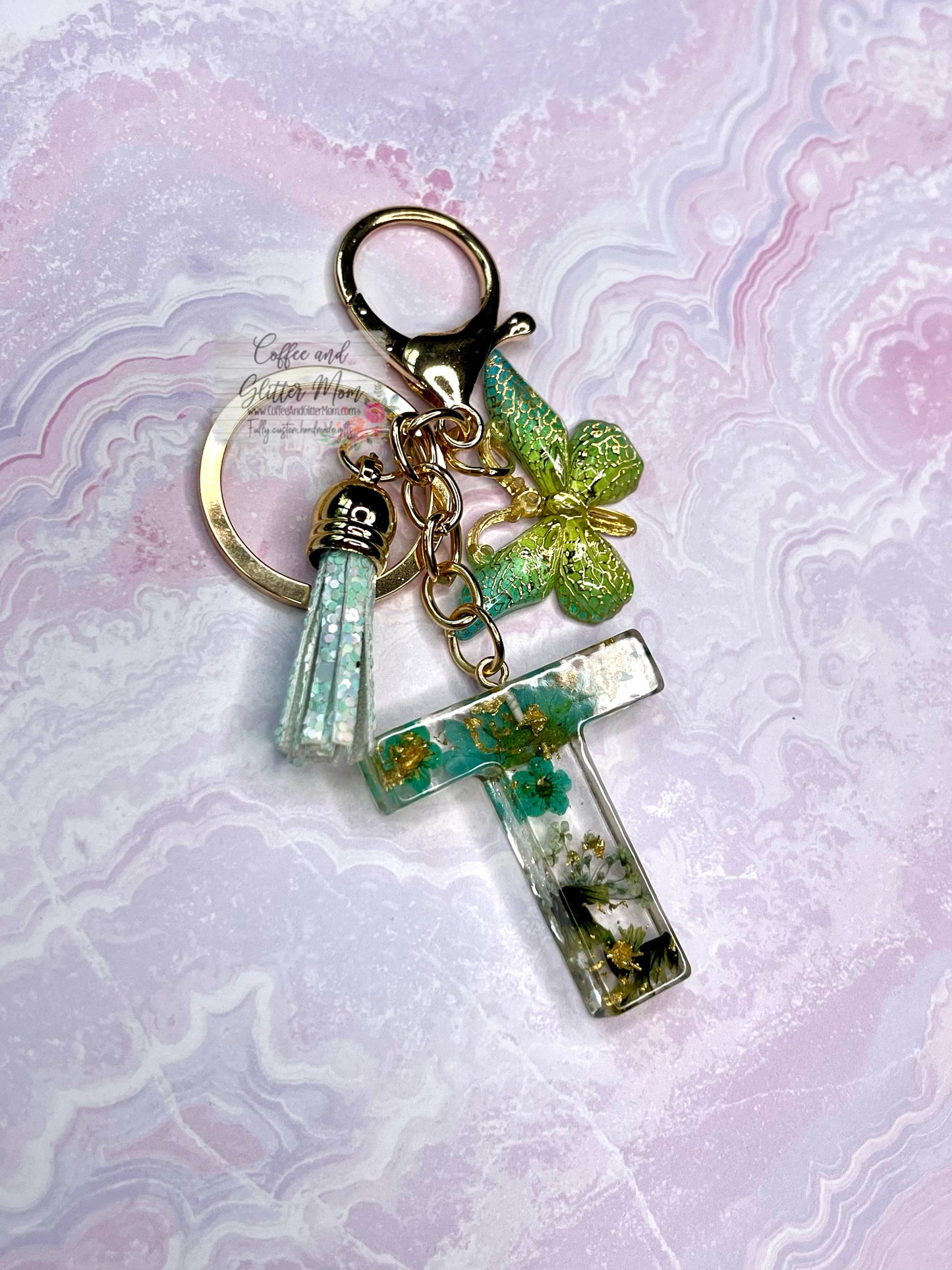 Sparkling "L" Green Butterfly Keychain
