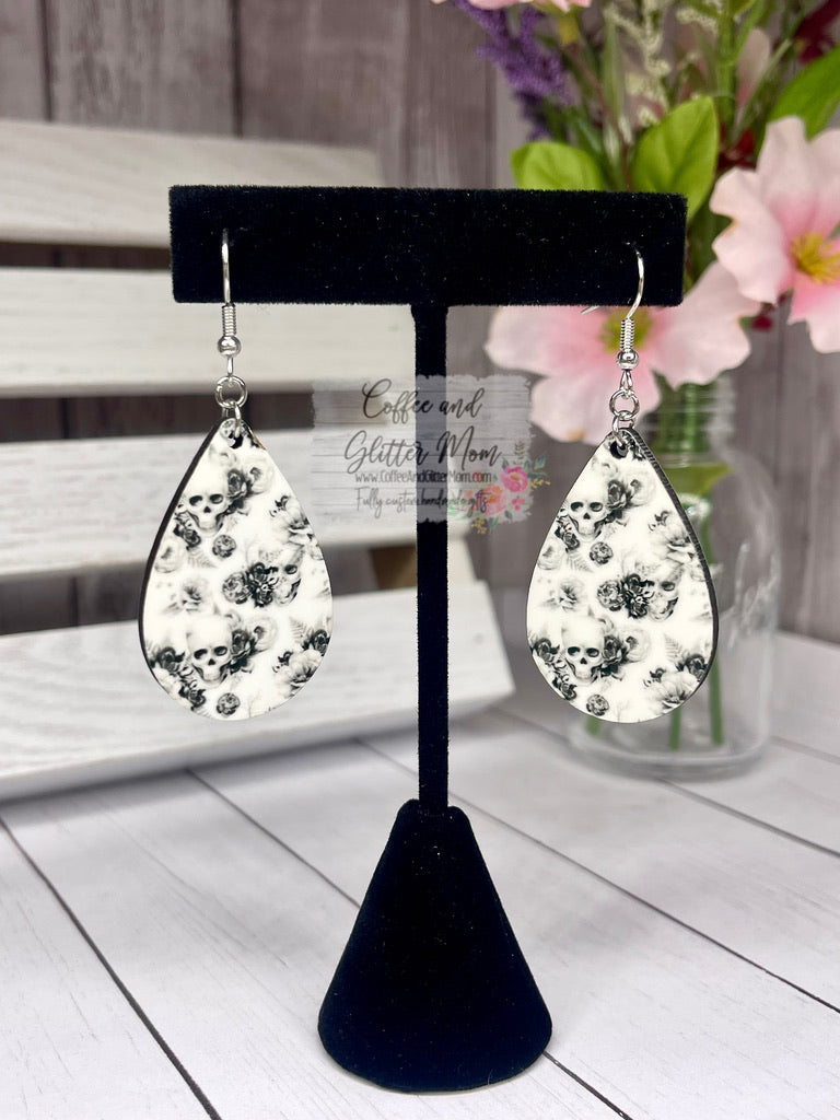 White Rose Skull Teardrop Earrings RTS
