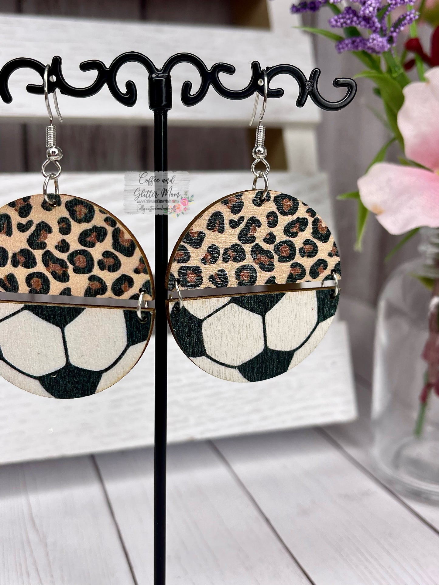 Wooden Leopard Soccer Earrings