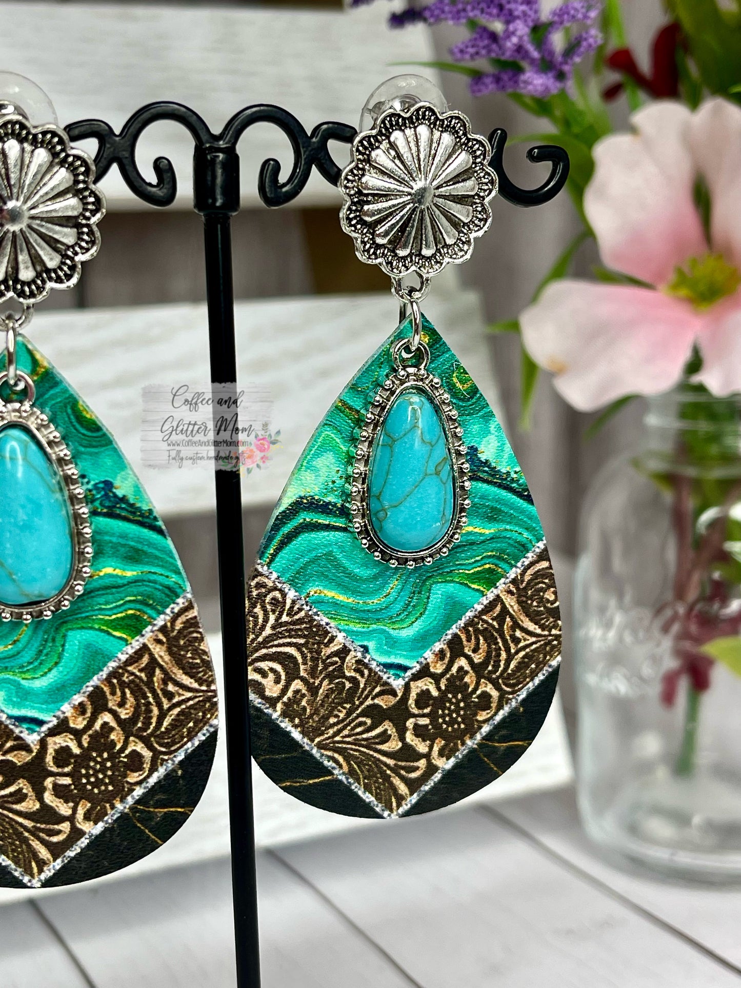 Turquoise Leather Teardrop Earrings