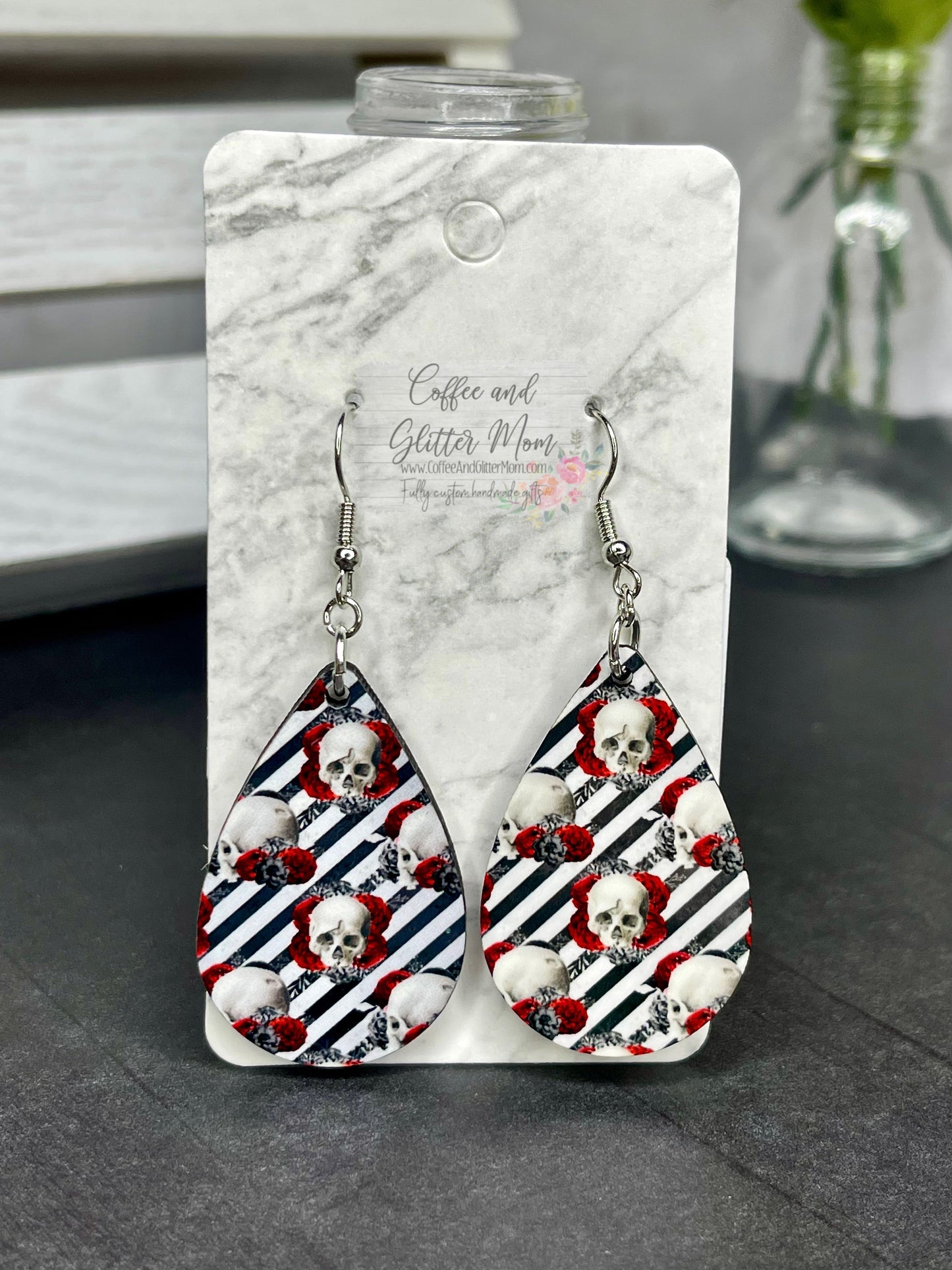 Stripe Skulls Teardrop Earrings RTS