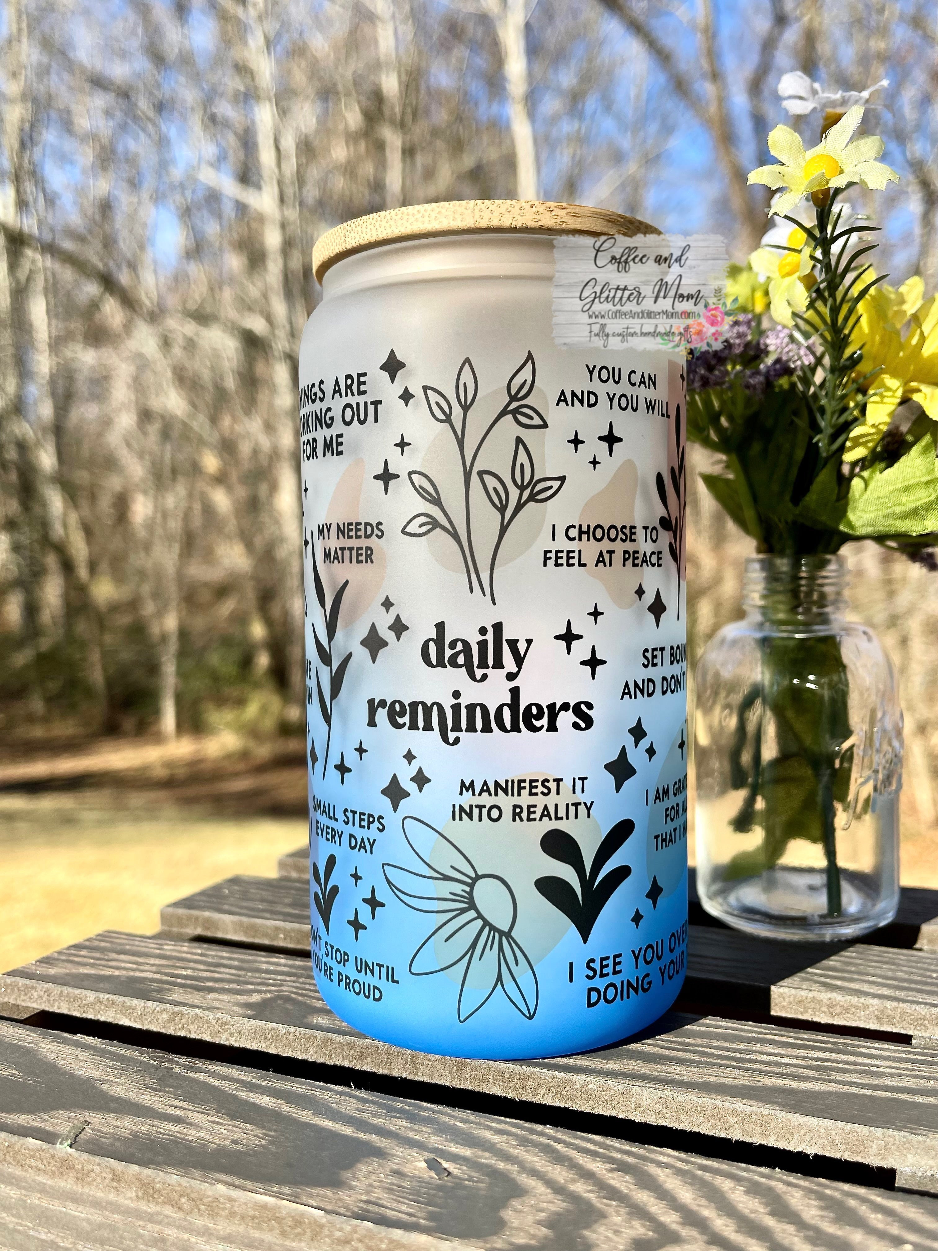 Daily Reminders 16 oz Glass Beer Can w/ Bamboo Lid & Straw