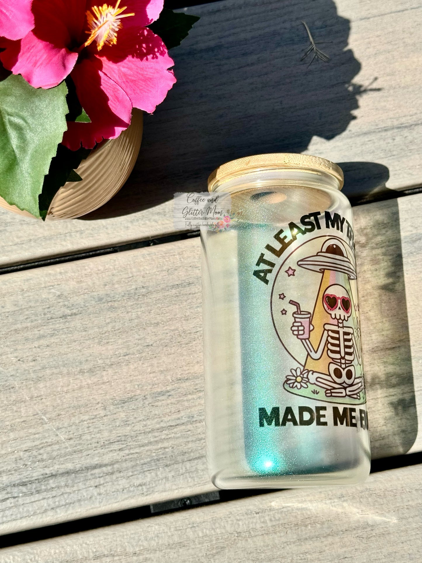 Trauma Made Me Funny Green Iridescent Glass Can