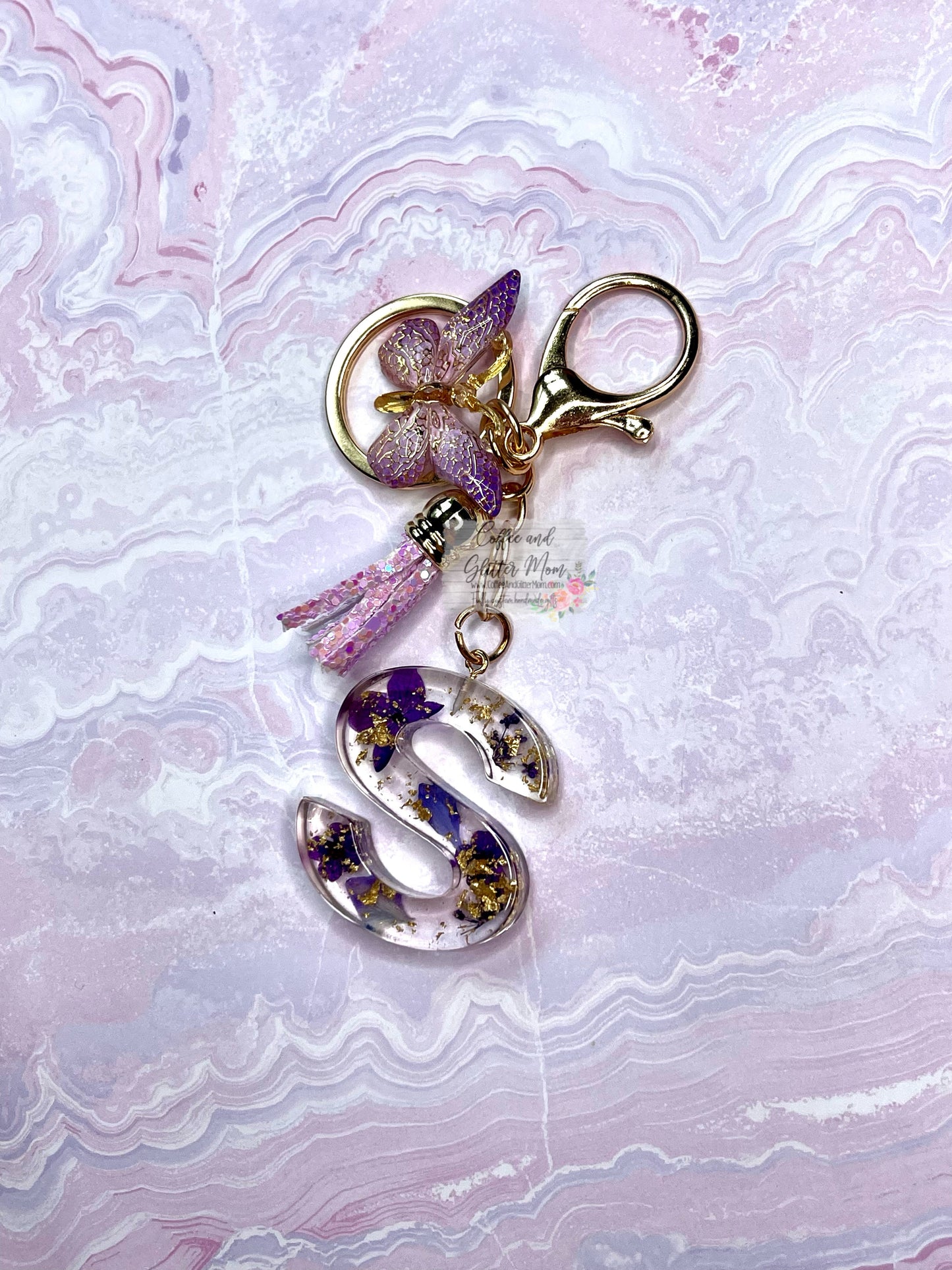 Sparkling "S" Purple Butterfly Keychain