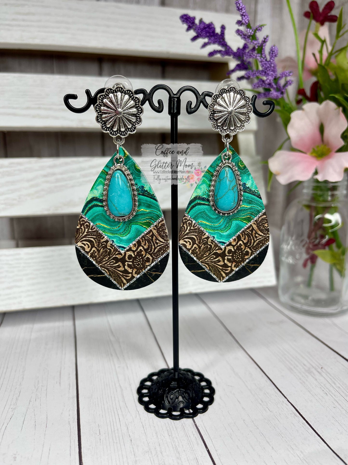 Turquoise Leather Teardrop Earrings