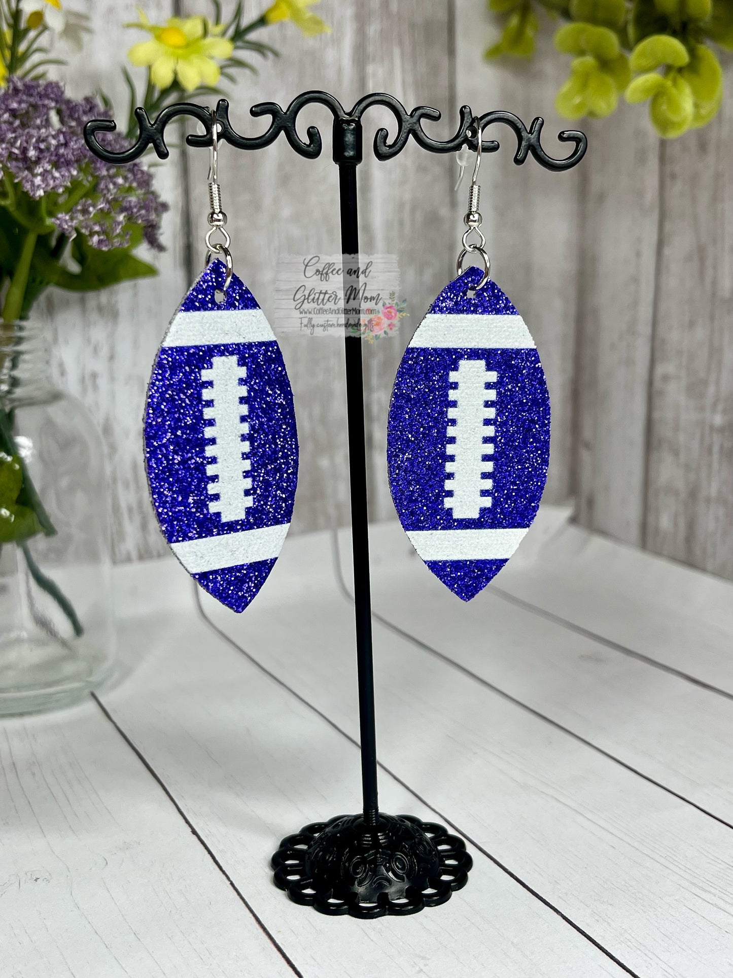 Blue Glitter Football Leather Earrings