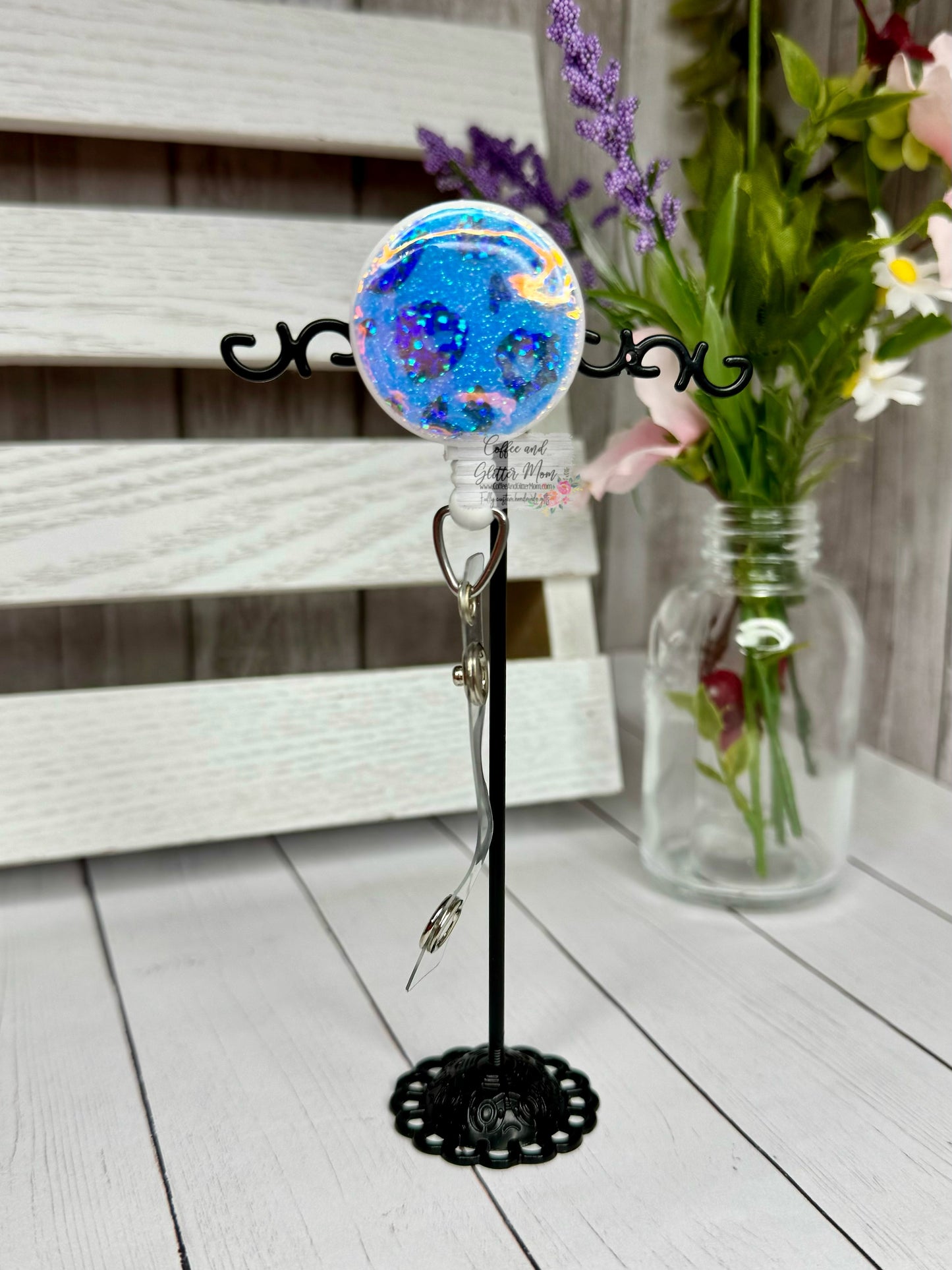 Blue Holographic Leopard Print Badge Reel