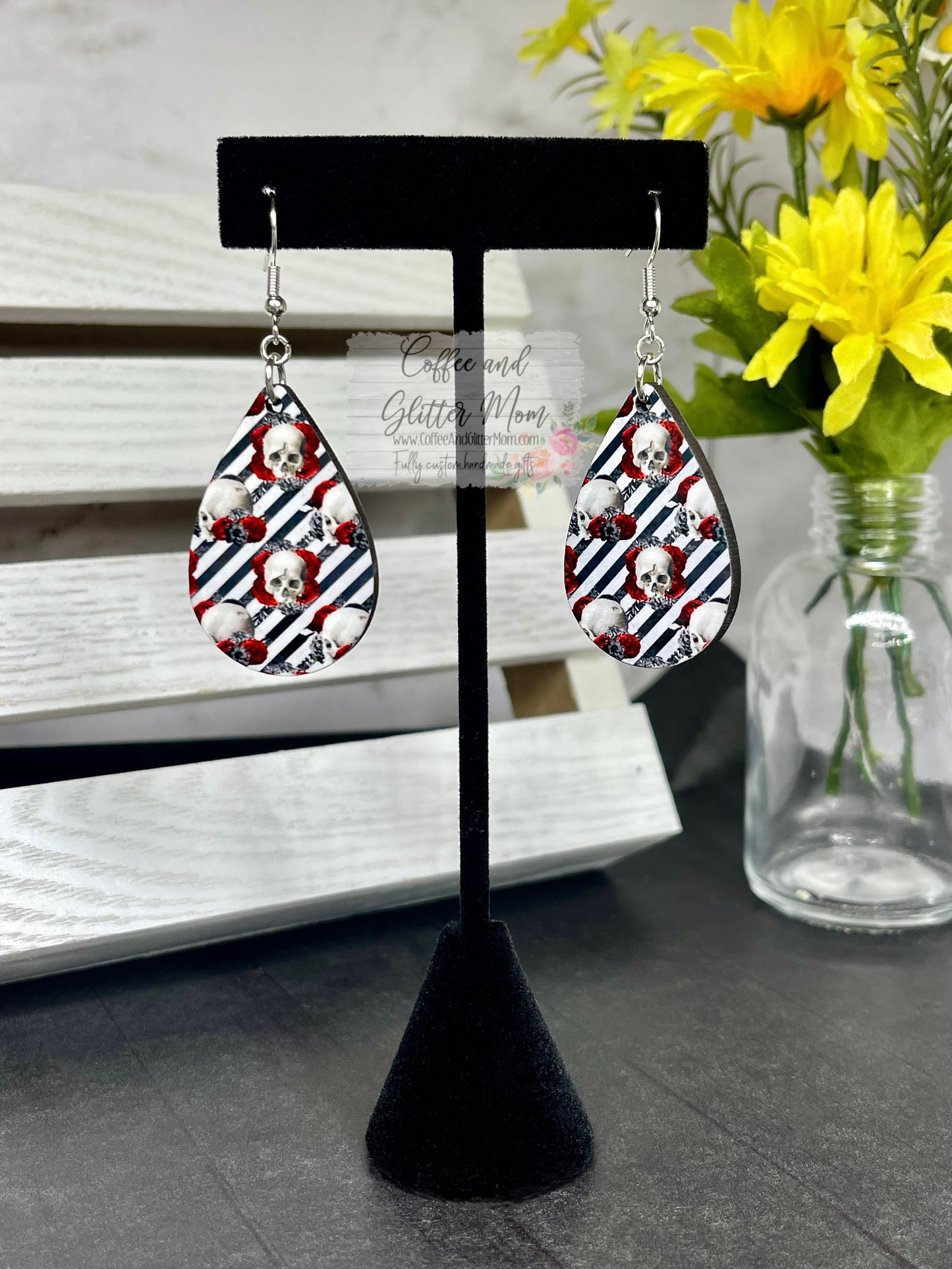 Stripe Skulls Teardrop Earrings RTS