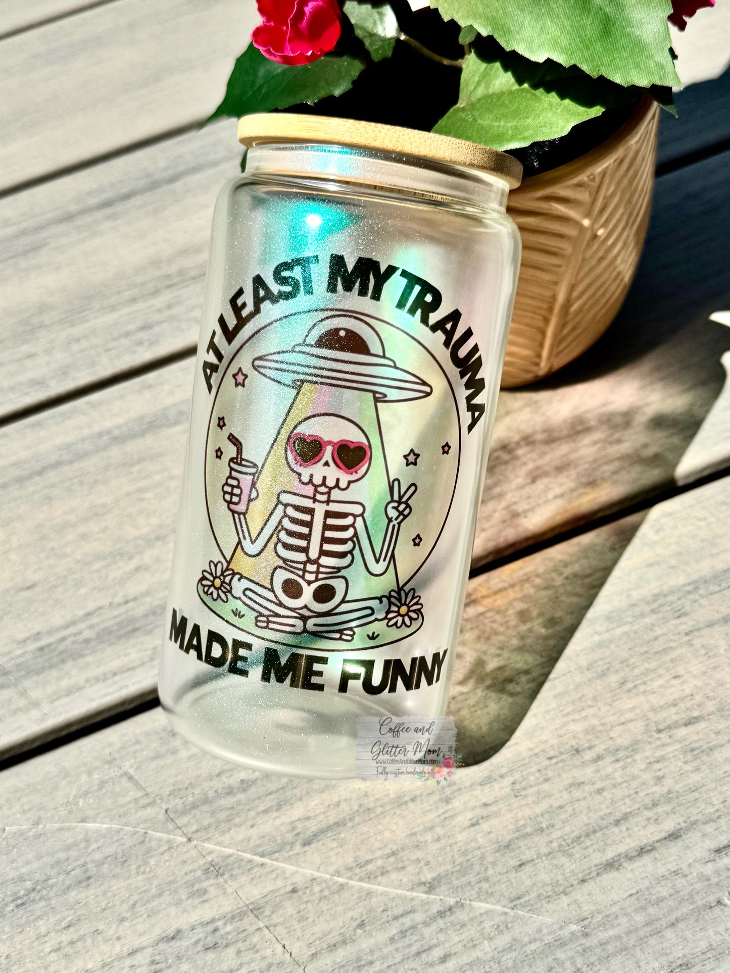 Trauma Made Me Funny Green Iridescent Glass Can