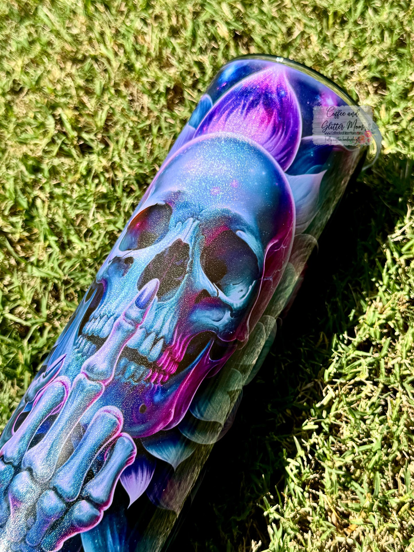 Purple Floral Skull Holographic Skinny Tumbler