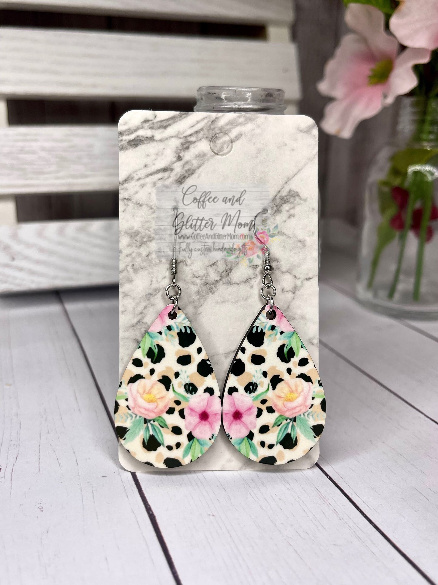Floral Animal Print Teardrop Earrings RTS
