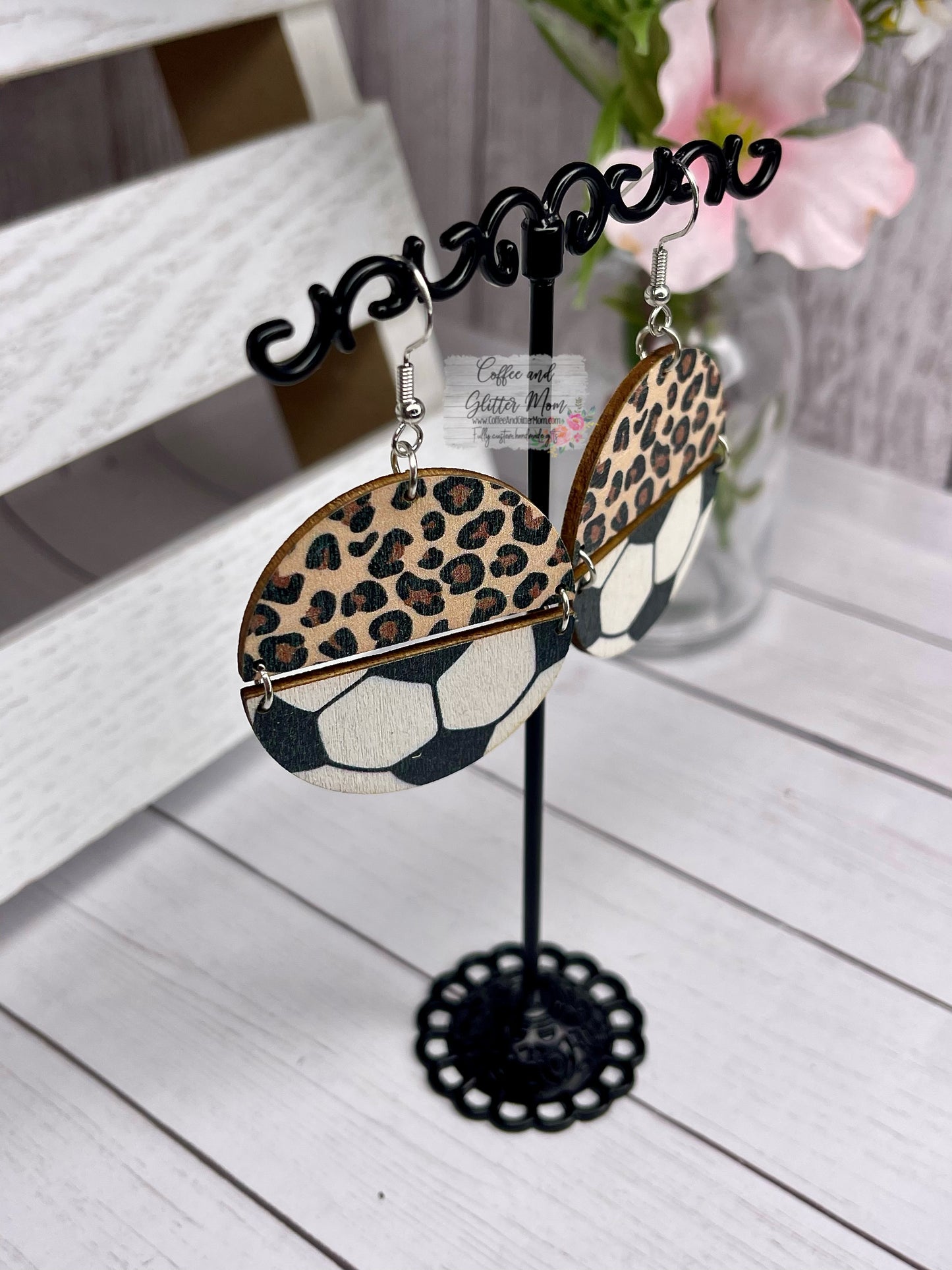 Wooden Leopard Soccer Earrings