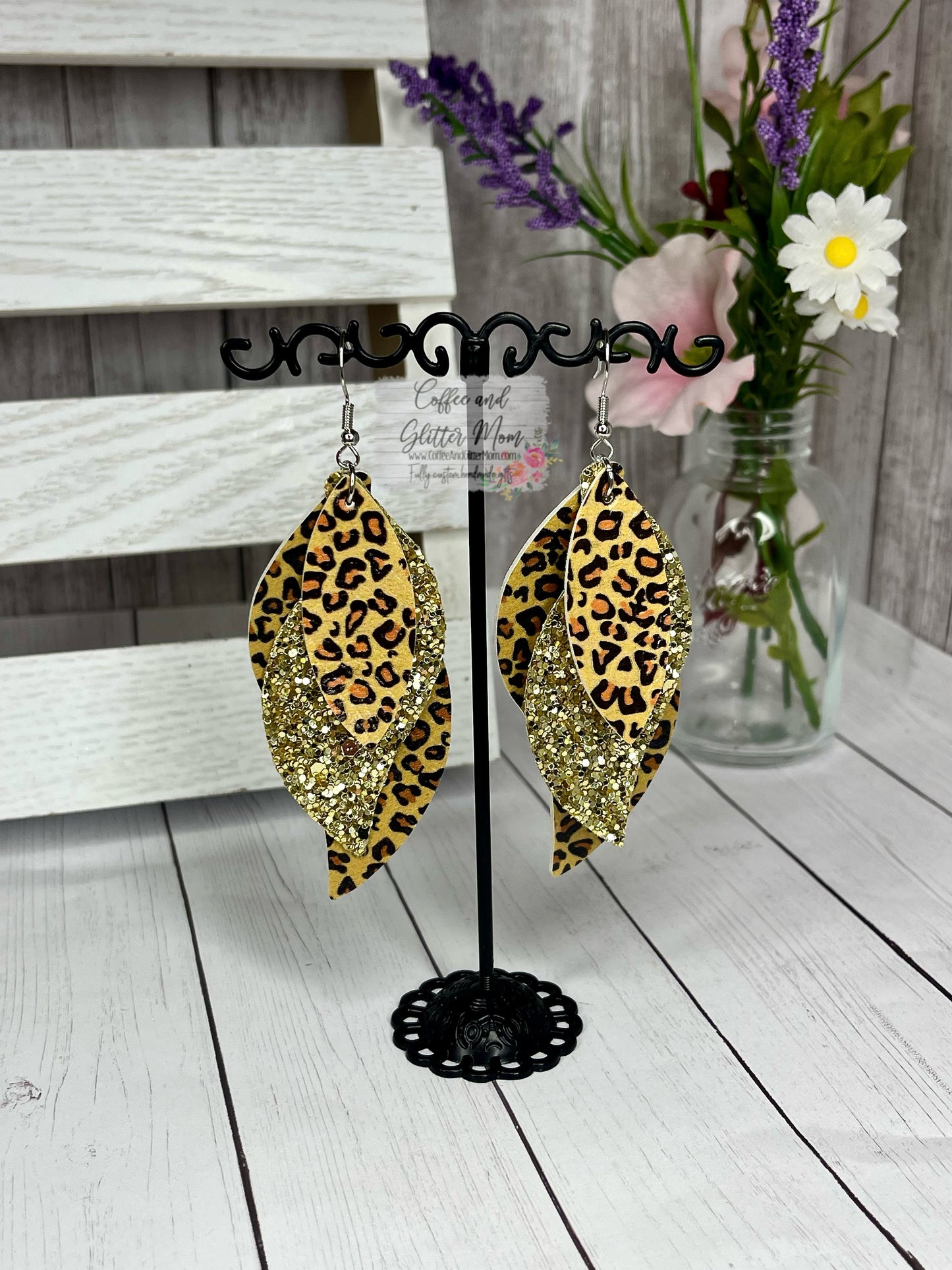 Gold Glitter Leopard Leather Earrings
