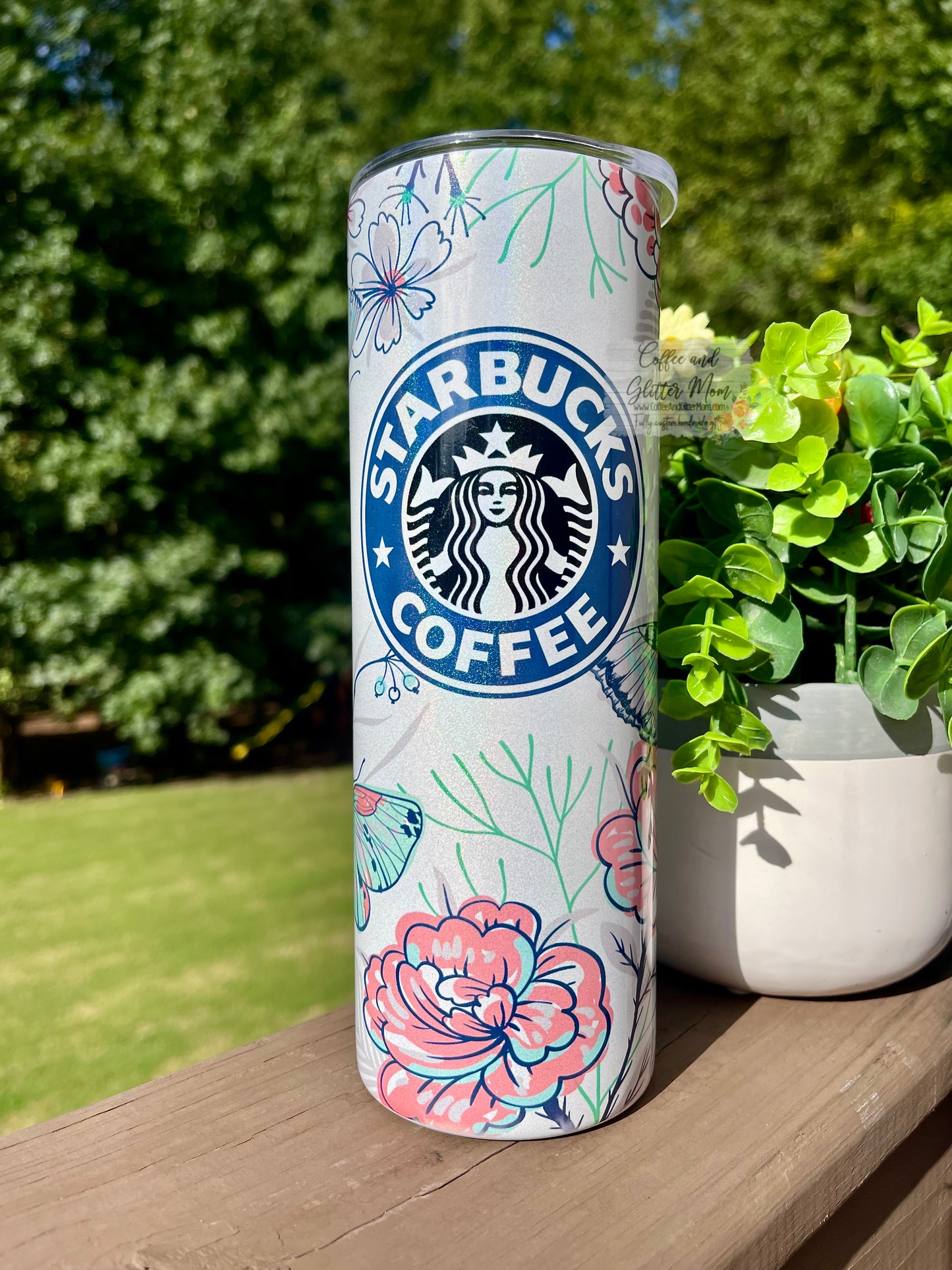 Starbucks Floral Butterfly 20oz White Rainbow Skinny Tumbler