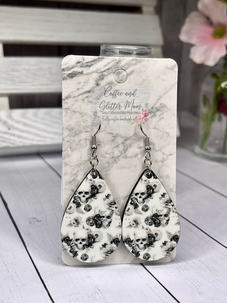 White Rose Skull Teardrop Earrings RTS