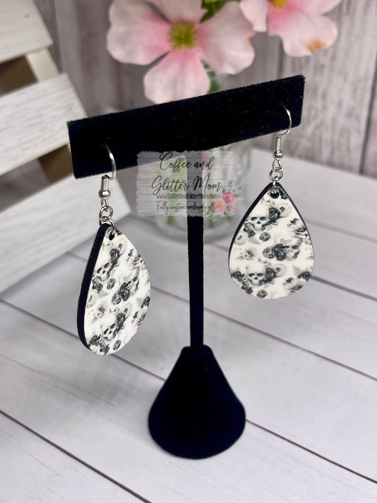 White Rose Skull Teardrop Earrings RTS