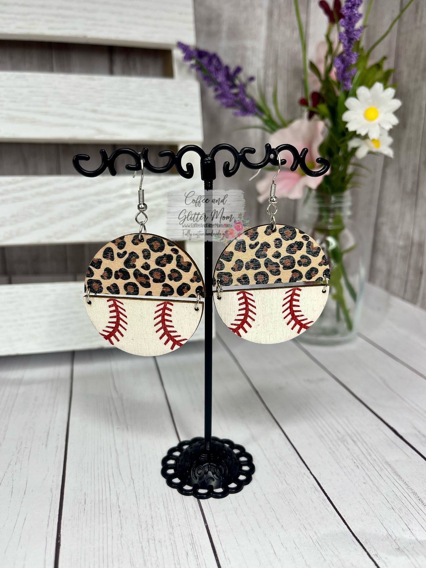 Wooden Leopard Baseball Earrings
