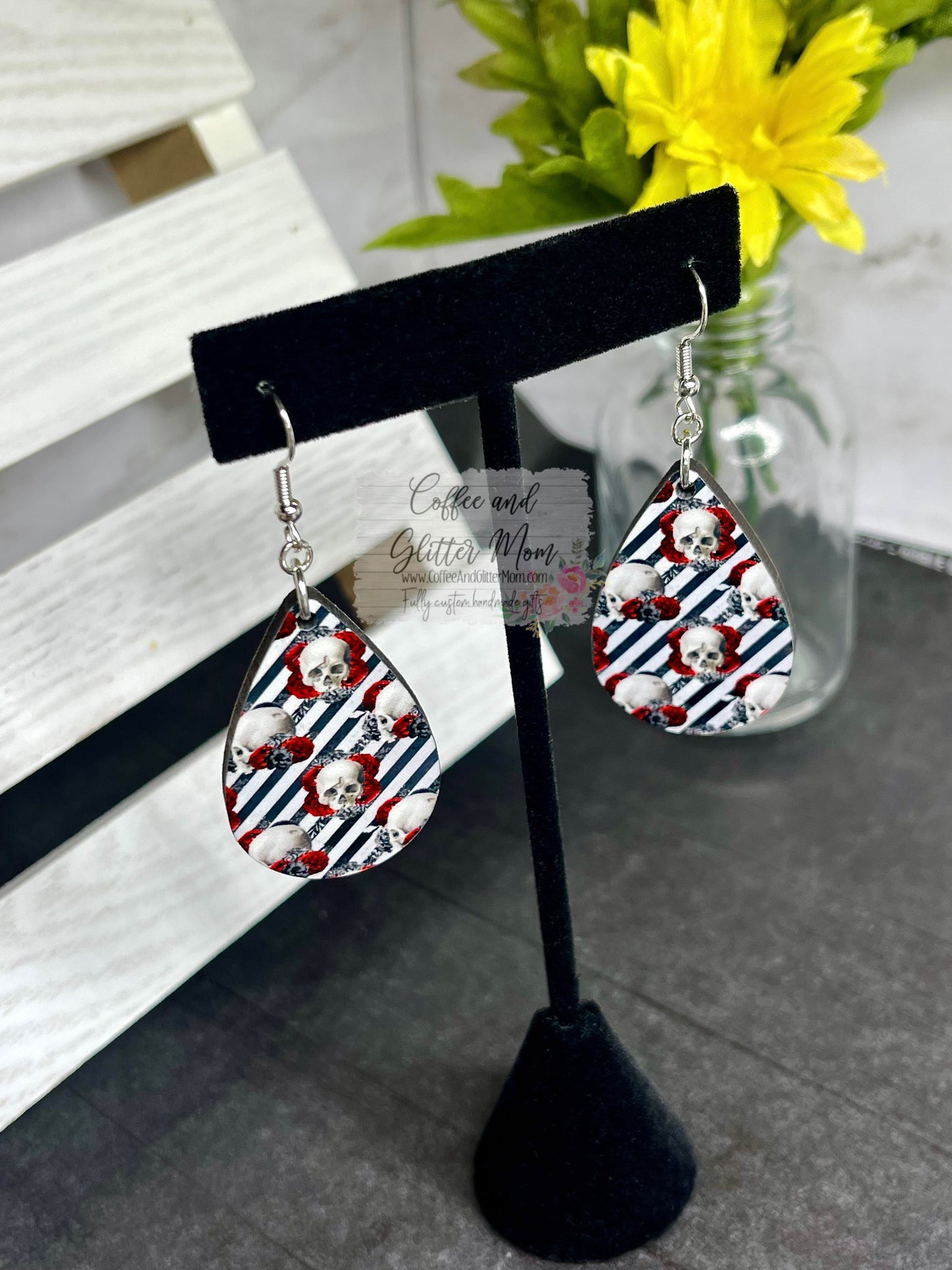 Stripe Skulls Teardrop Earrings RTS