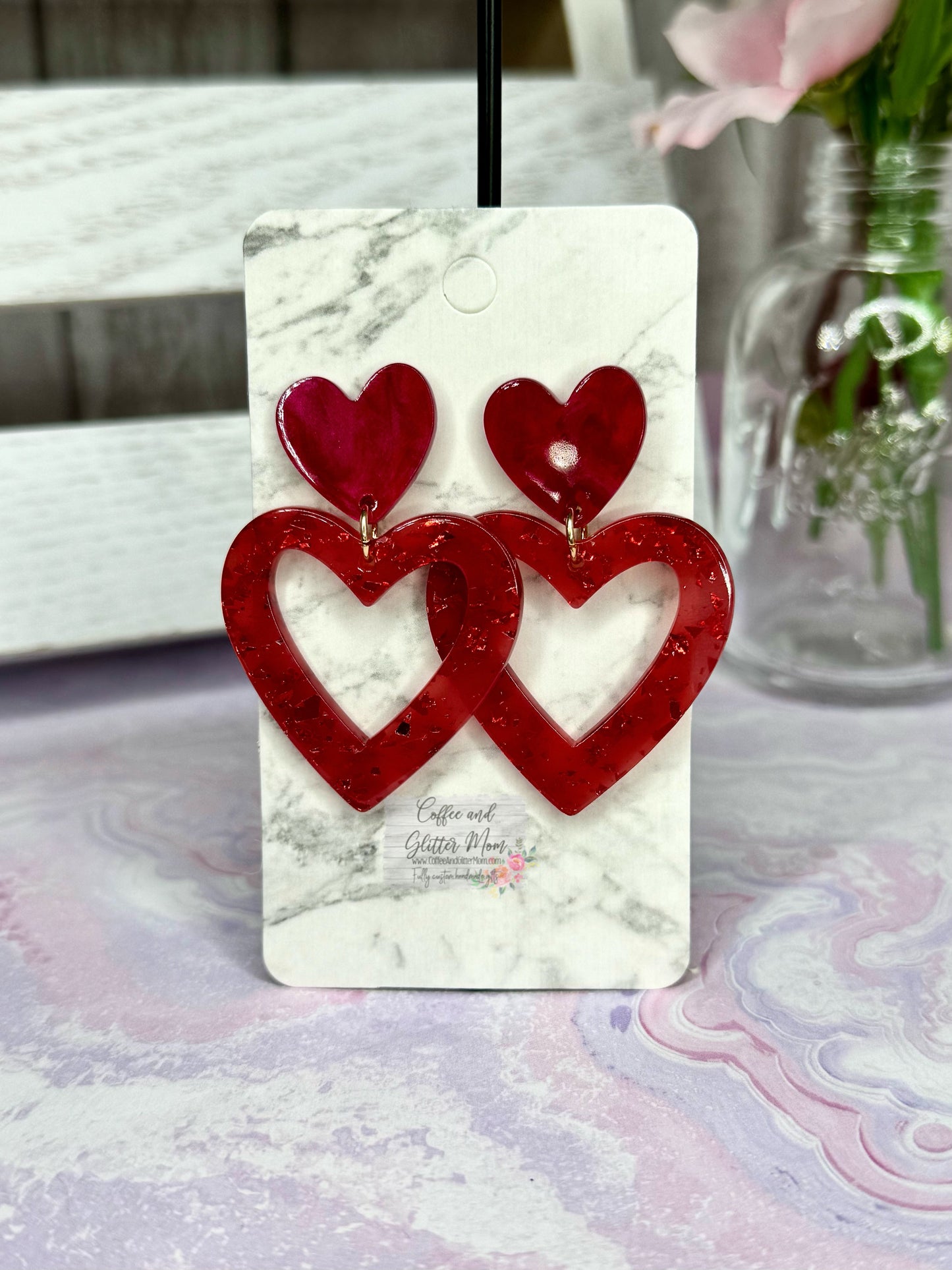 Red Foil Heart Acrylic Earrings