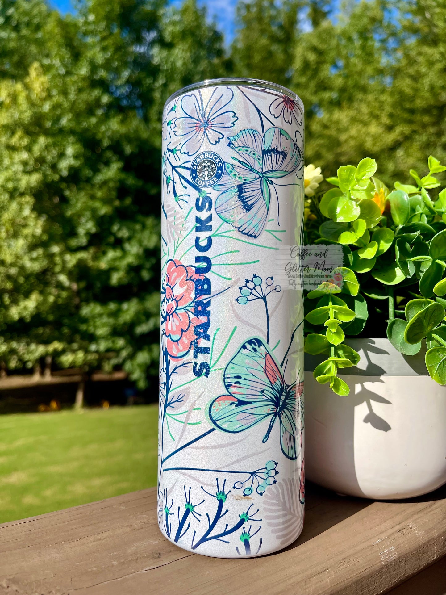 Starbucks Floral Butterfly 20oz White Rainbow Skinny Tumbler