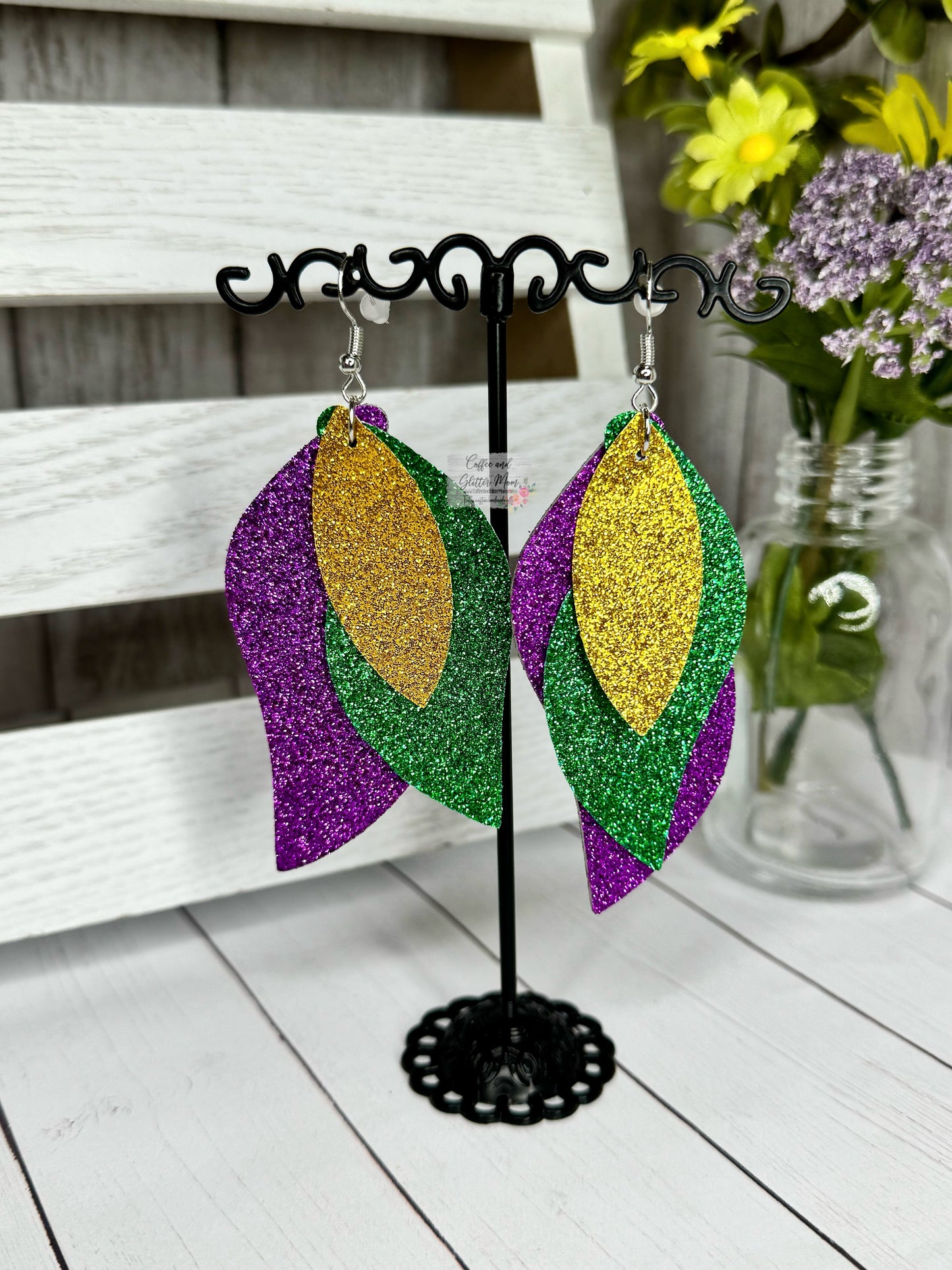 Glitter Mardi Gras Leather Earrings
