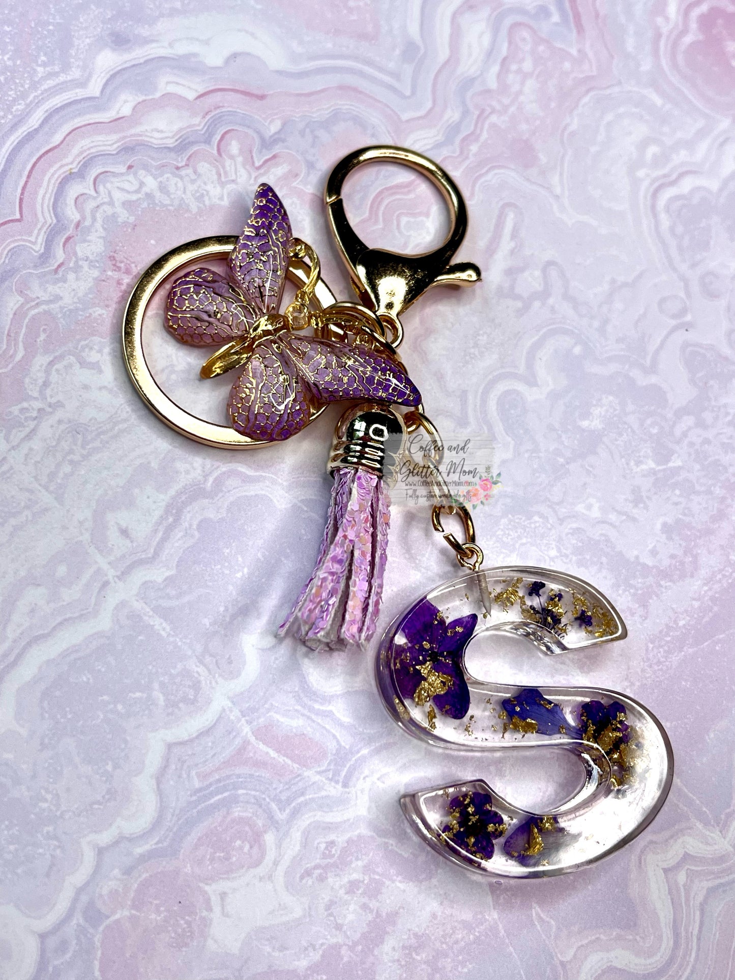 Sparkling "S" Purple Butterfly Keychain