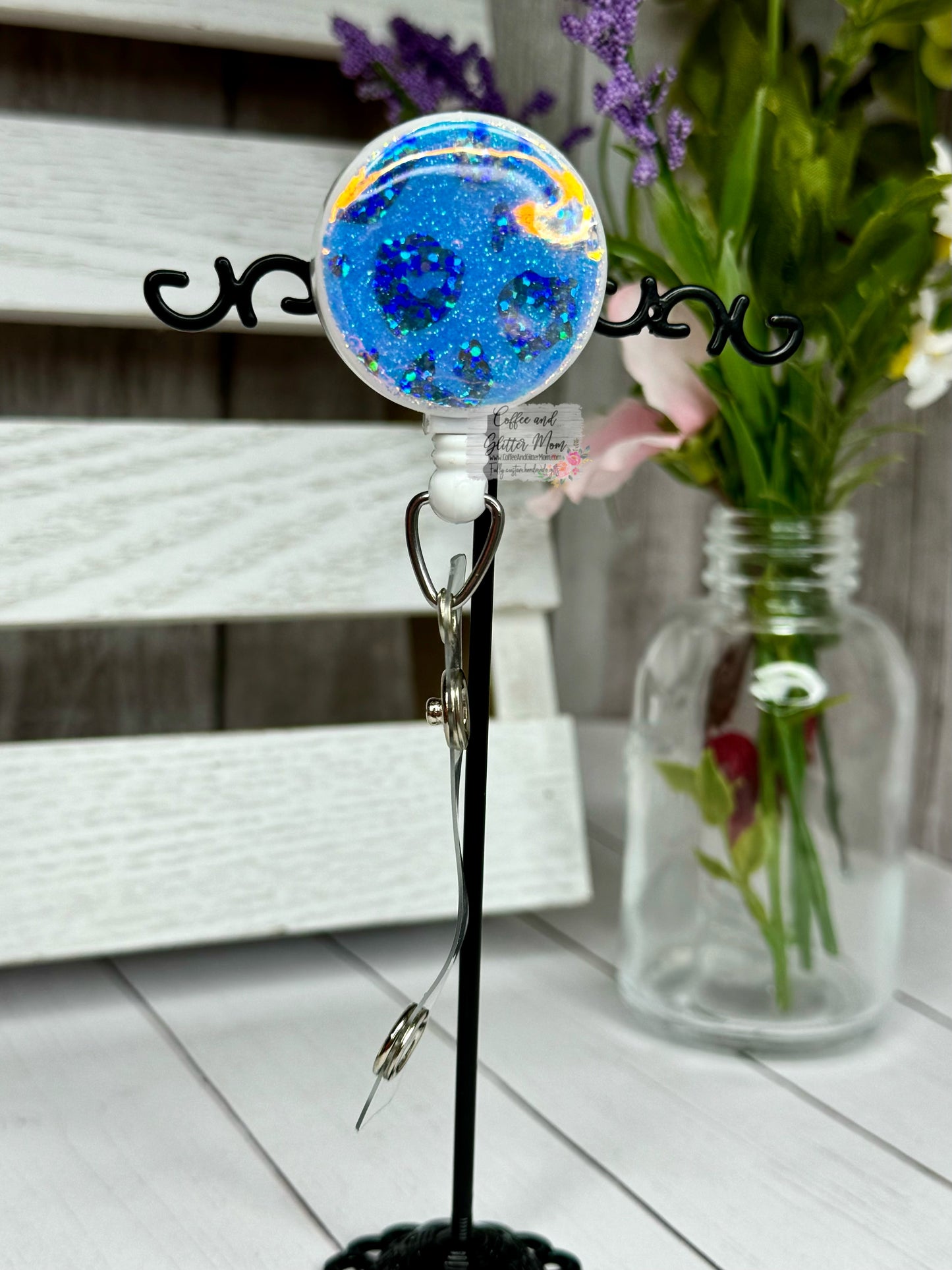 Blue Holographic Leopard Print Badge Reel