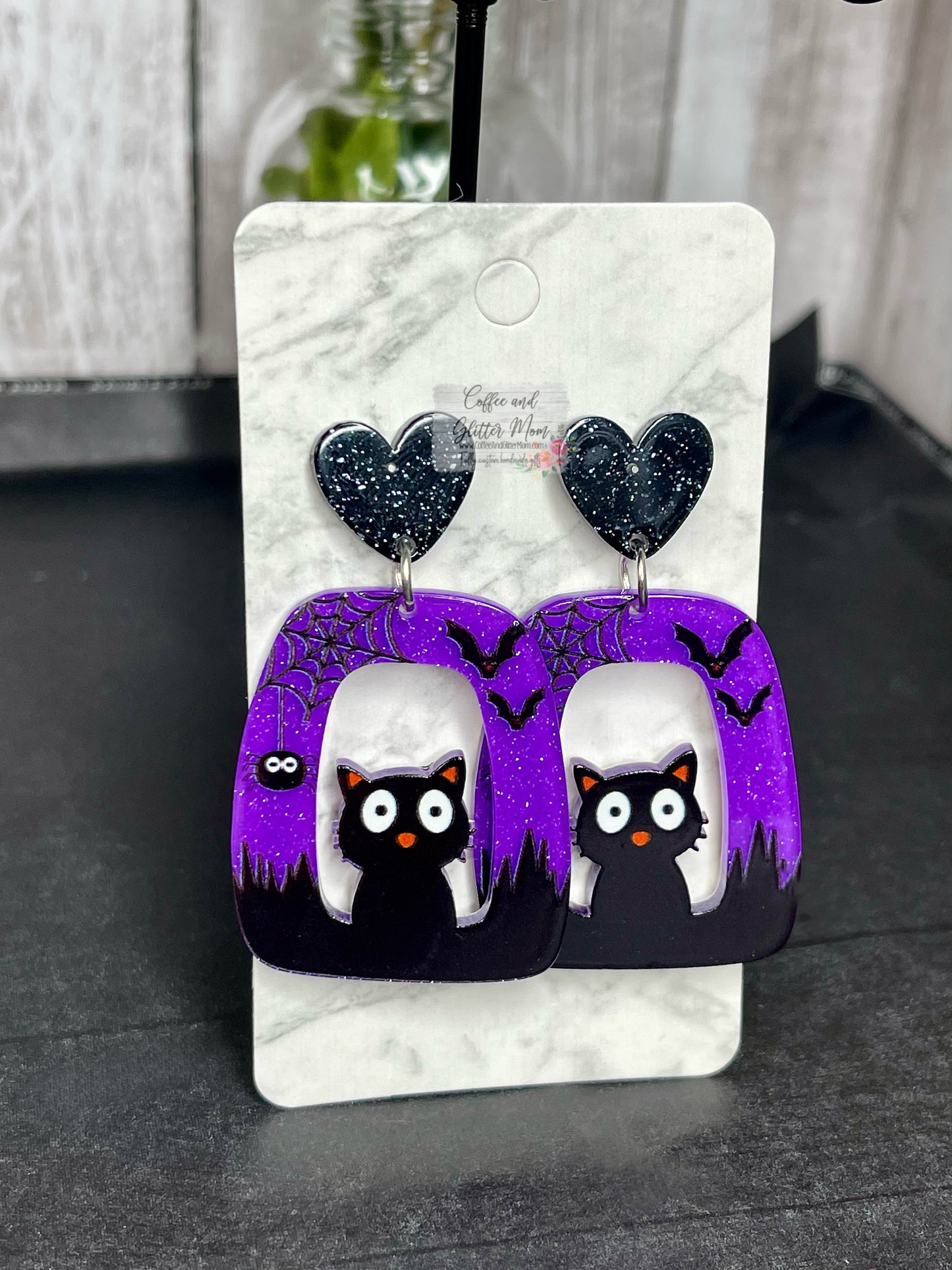 Black Cat Purple Halloween Earrings