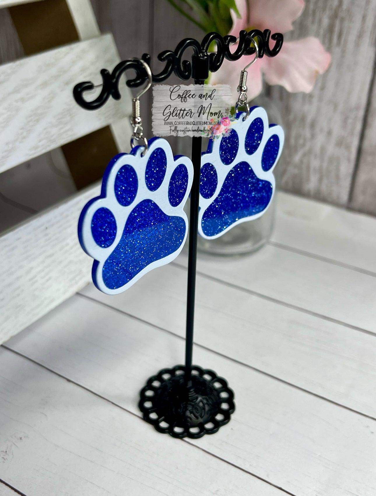 Blue Glitter Paw Earrings