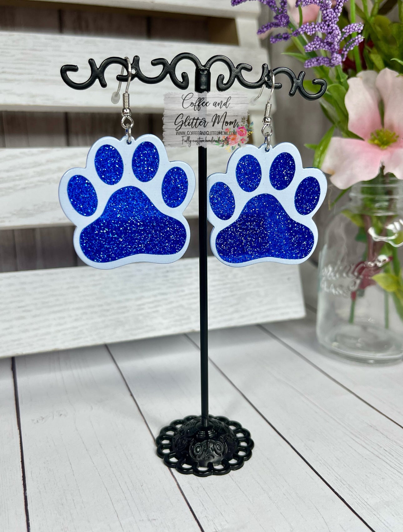 Blue Glitter Paw Earrings