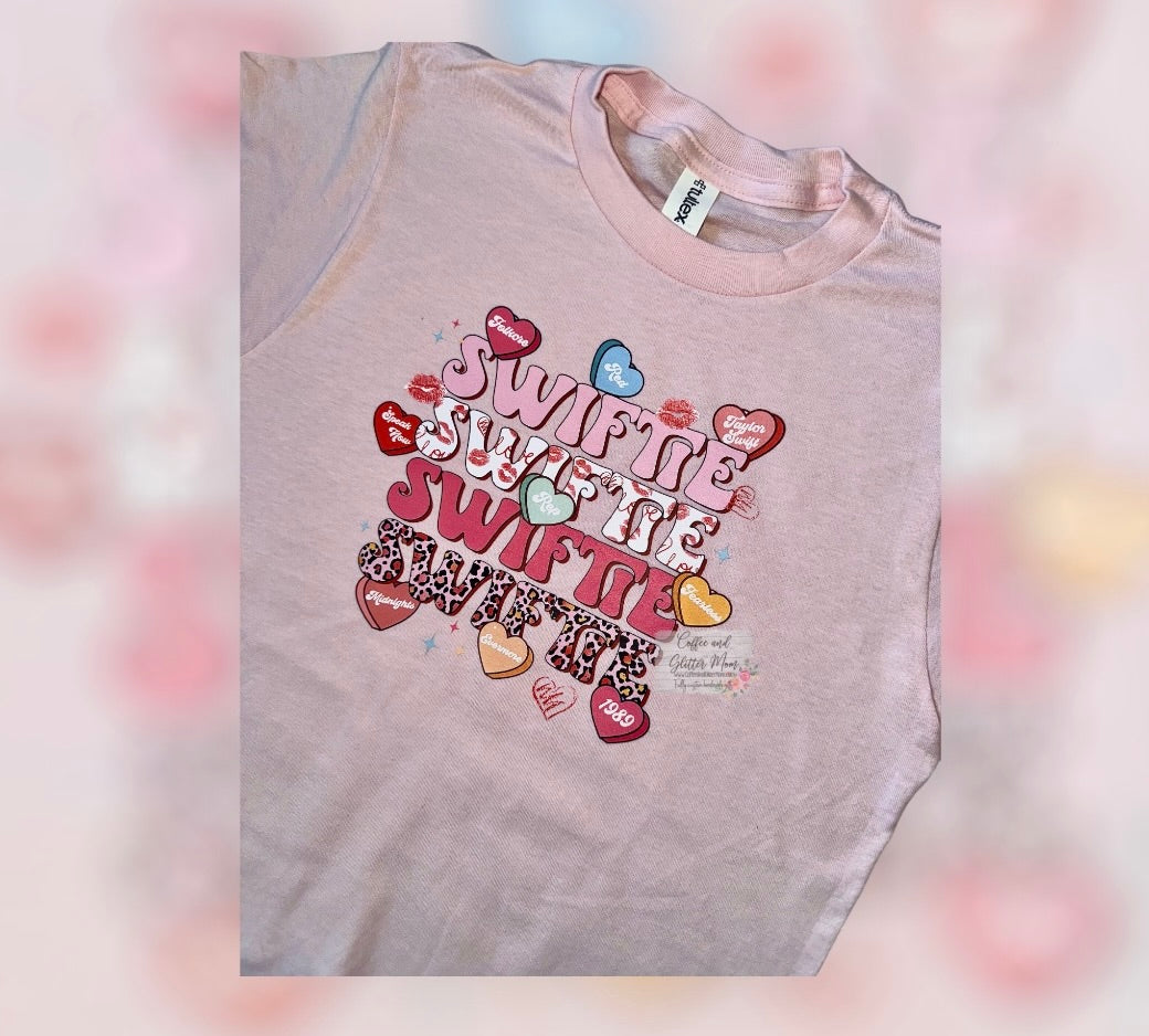 Swiftie Candy Hearts Light Pink Youth Medium Tee