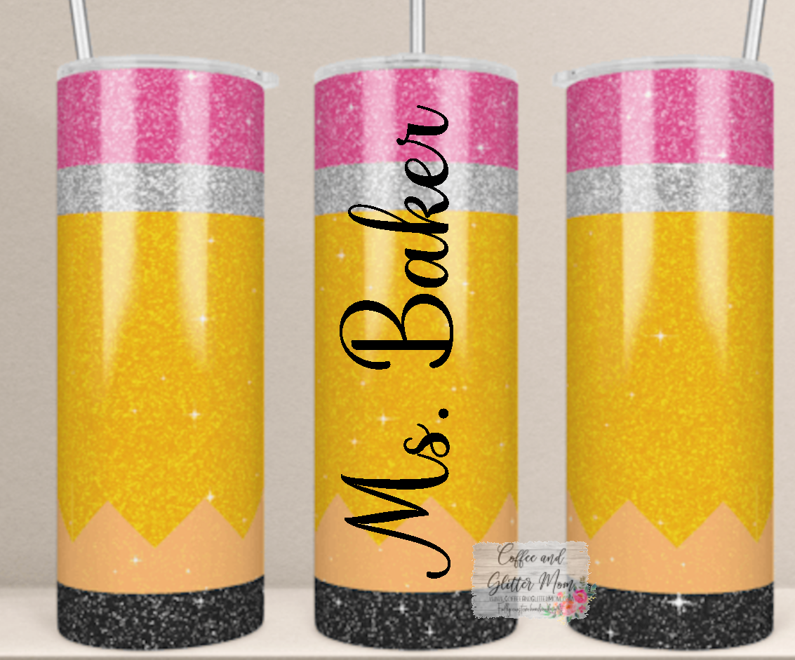 Custom Teacher Pencil 20oz Rainbow Skinny Tumbler
