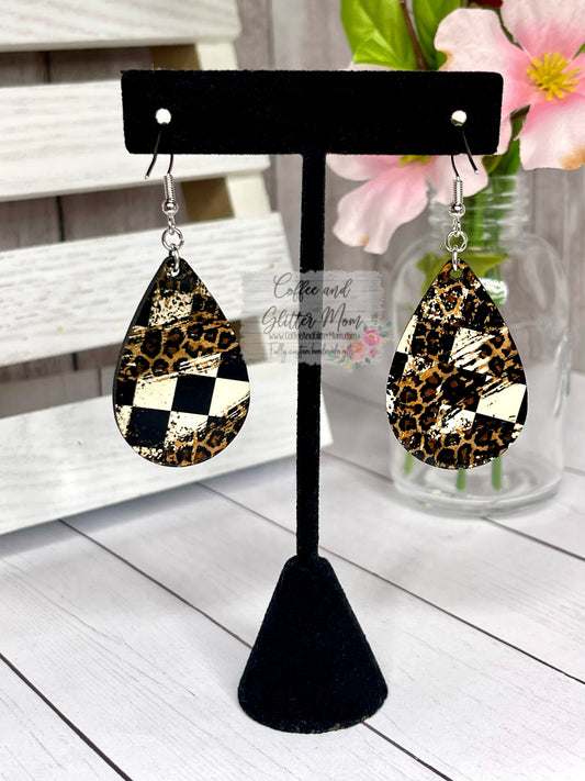 Checkered Flag Animal Print Teardrop Earrings RTS