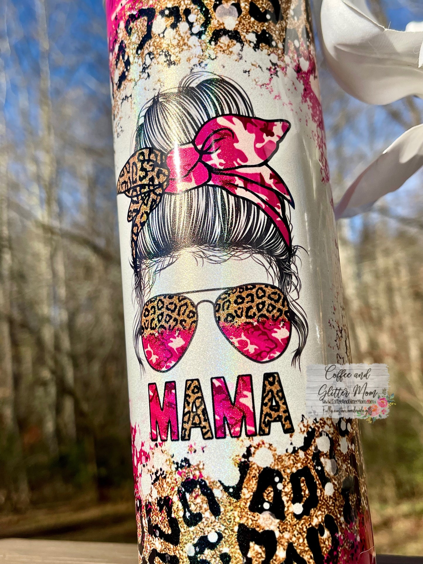 Camo Leopard Print Mama 20oz Holographic Pink/White Skinny Tumbler