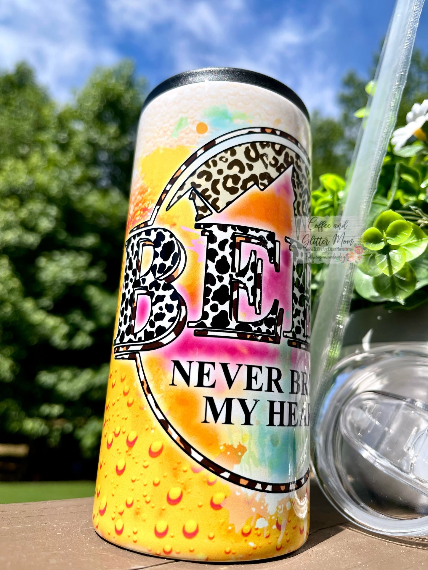 Beer Never Broke My Heart 12oz Skinny Can Cooler Duo-Lid Tumbler