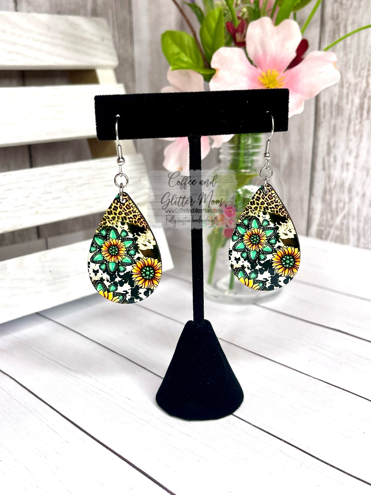 Sunflower Leopard/Cowhide and Turquoise Teardrop Earrings
