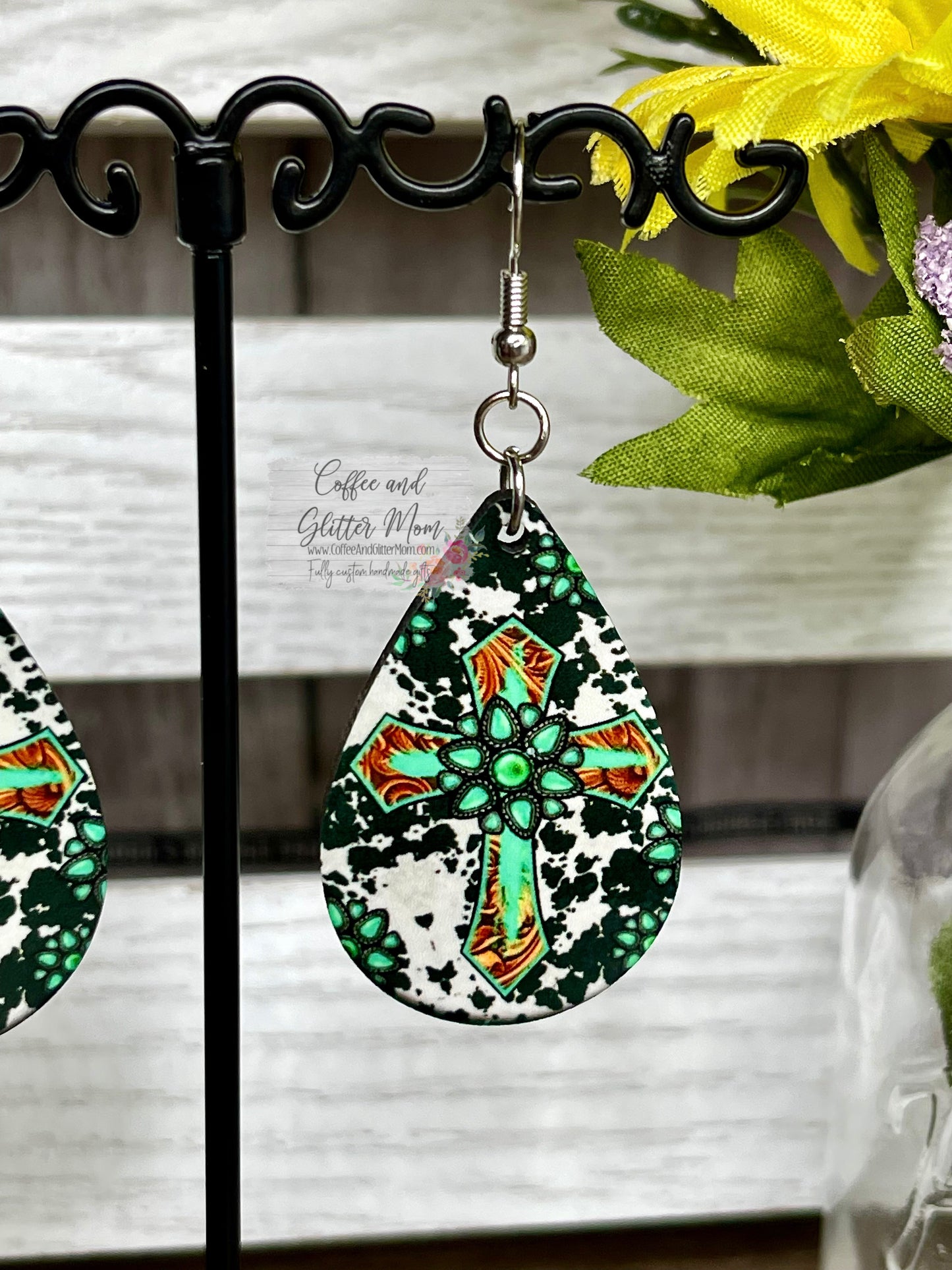 Turquoise Cross Western Heart Earrings