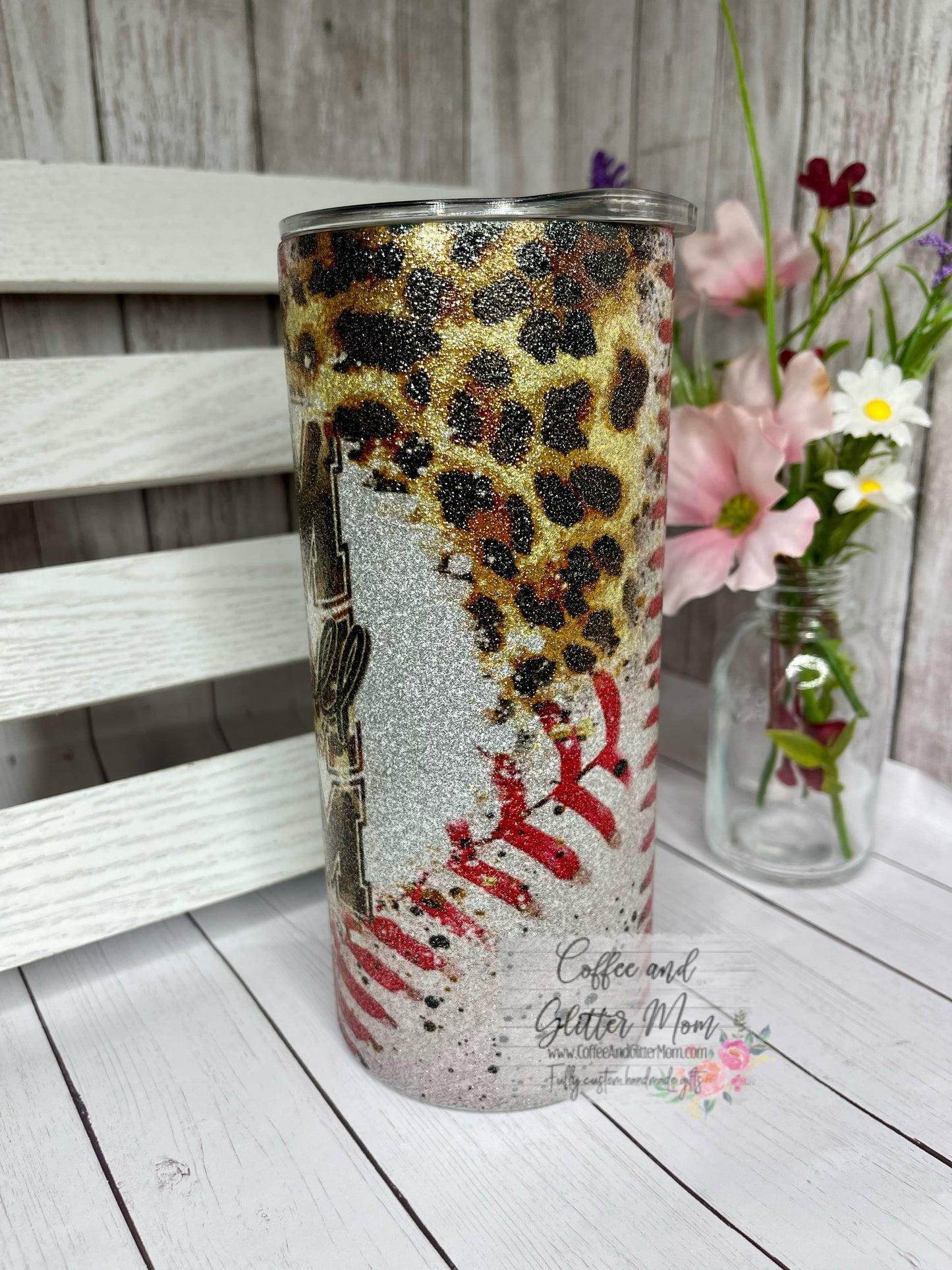 Animal Print Baseball Mom 15oz Silver Glitter Skinny Tumbler
