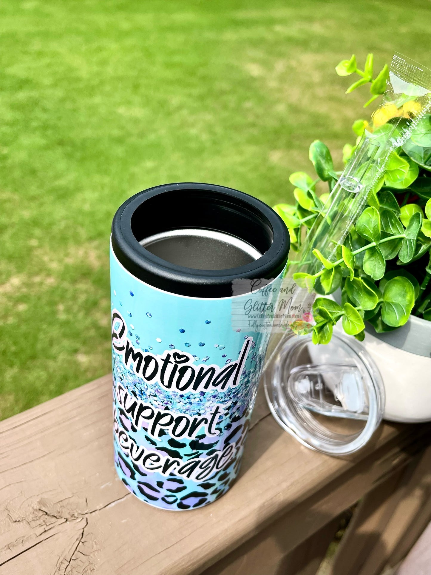 Emotional Support Beverage Animal Print 12oz Skinny Can Cooler Duo-Lid Tumbler