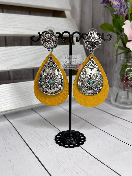 Vintage Mustard Yellow Layered Leather Earrings