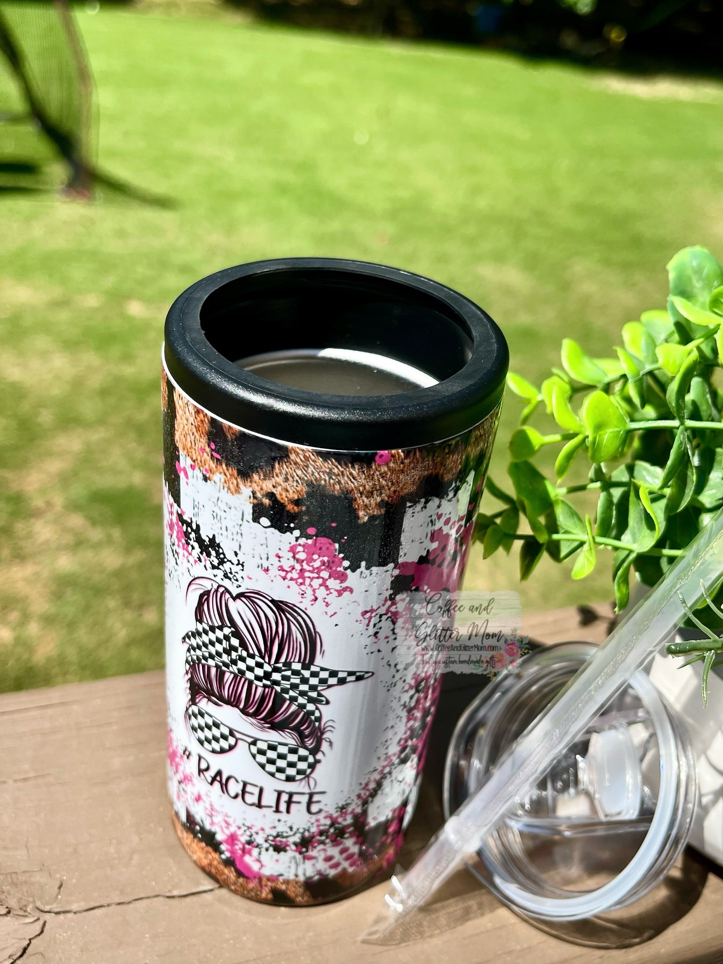 Race Life Pink 12oz Skinny Can Cooler Duo-Lid Tumbler
